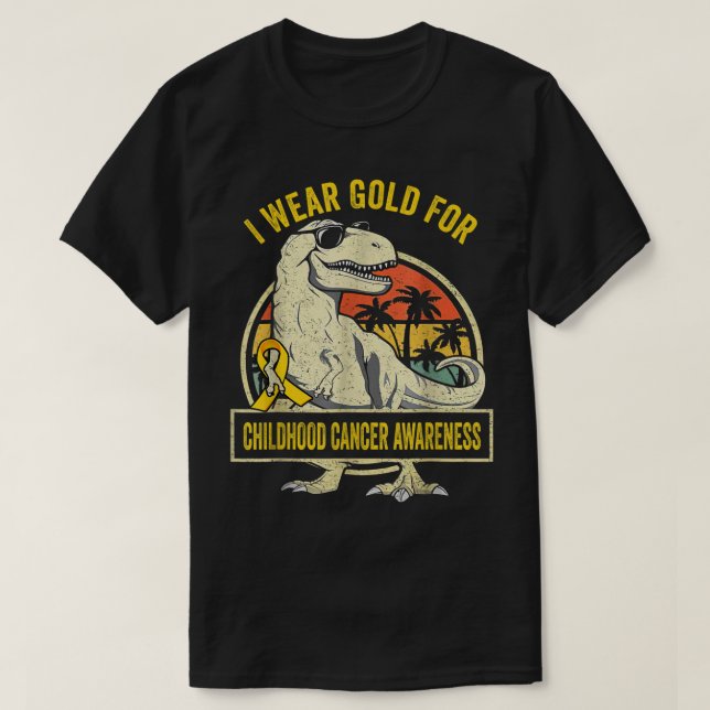 Ich trage Gold für das Kinderkrebsbewusstsein Dino T-Shirt (Design vorne)