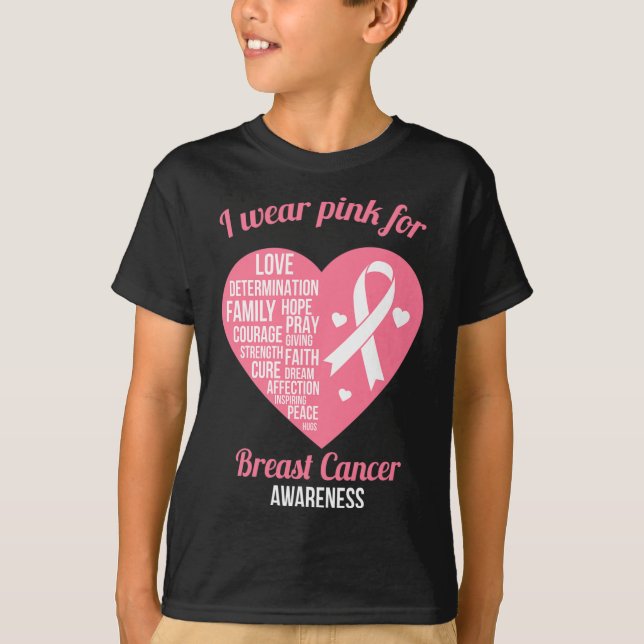 Ich trage rosa Ribbon Herz Coole Brustkrebs Awaren T-Shirt (Vorderseite)
