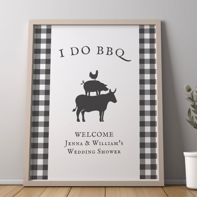 Ich tue GRILLEN Rustikales Bauernhaus Grau Kariert Poster (I Do BBQ editable welcome poster from my Rustic Farmhouse BBQ Bridal Shower)