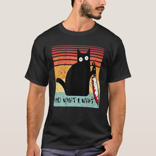 Ich tue, was ich Murderous Cat mit Knife Hallowage T-Shirt (Vorderseite)
