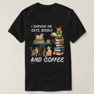 ICH ÜBERLEBE AUF KATZEN, BÜCHER UND KAFFEE lustige T-Shirt