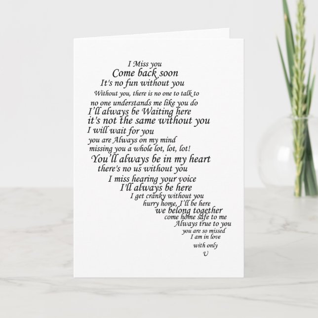 Ich vermisse dir Text im Herzen Karte (Vorderseite)