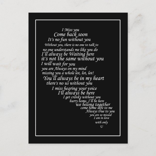 Ich vermisse dir Text im Herzen Postkarte (Vorderseite)