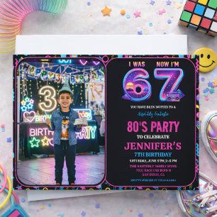 Ich war 6 jetzt bin ich 7 Retro Neon 7. Geburtstag Einladung