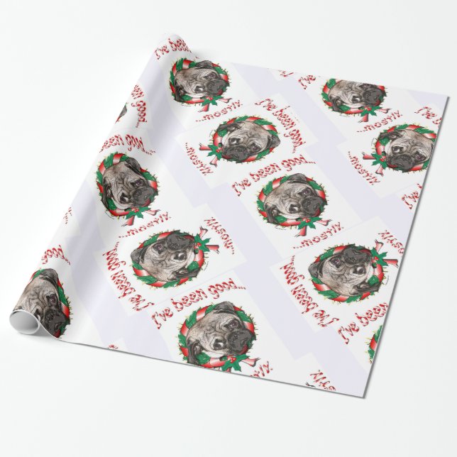Ich war meistens gut... Mops Wreath Christmas Geschenkpapier (Ungerollt)