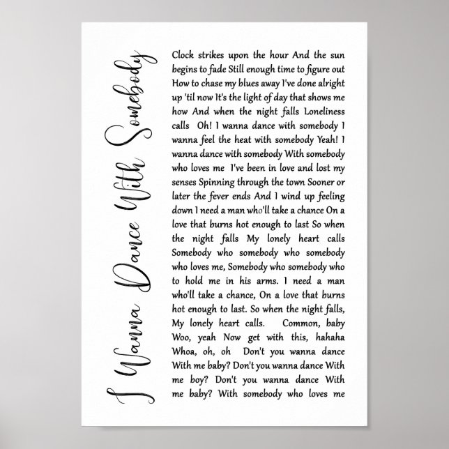 Ich will mit jemandem mit einem weißen Script-Song Poster (Vorne)