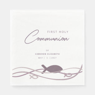 Ichthys-Wellendesign Lila Mädchen-Erstkommunion Serviette