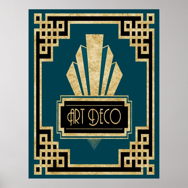 Iconic Art Deco - Aquamarin Schwarz und Gold Poster (Vorne)