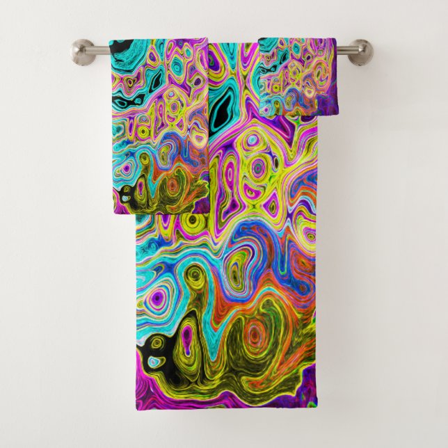 Icy Aqua Blue Groovy Abstrakt Retro Liquid Swirl Badhandtuch Set (Insitu)