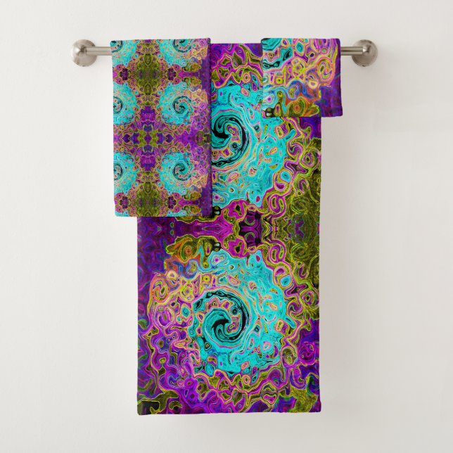 Icy Aqua Blue Groovy Abstrakt Retro Liquid Swirl Badhandtuch Set (Insitu)