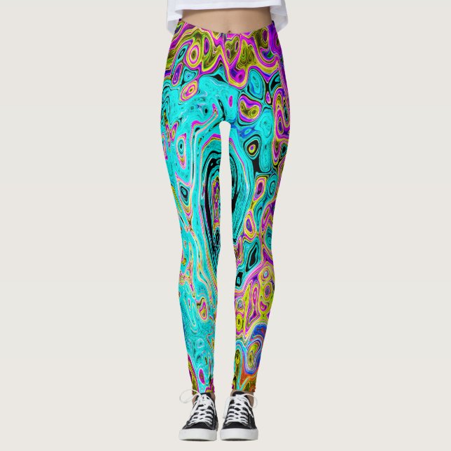 Icy Aqua Blue Groovy Abstrakt Retro Liquid Swirl Leggings (Vorderseite)