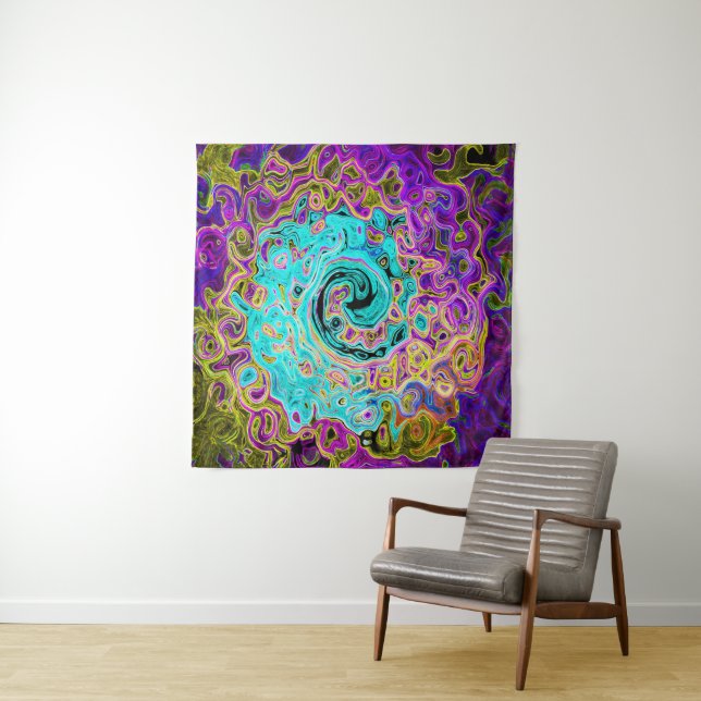 Icy Aqua Blue Groovy Abstrakt Retro Liquid Swirl Wandteppich (Beispiel)