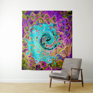 Icy Aqua Blue Groovy Abstrakt Retro Liquid Swirl Wandteppich