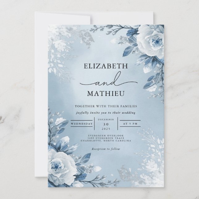 Icy Blue Botanical Bloom Wedding Einladung (Vorderseite)