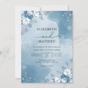 Icy Blue Floral Winter Wedding Einladung