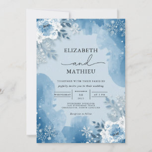 Icy Blue Frost Floral Winter Wedding Einladung