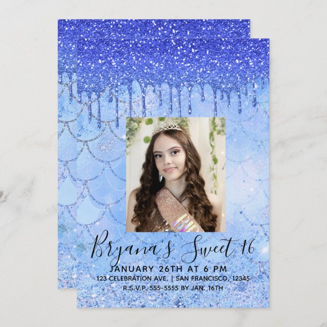Icy Blue Glitzer Tropfen Mermaid Sweet 16 Foto Einladung