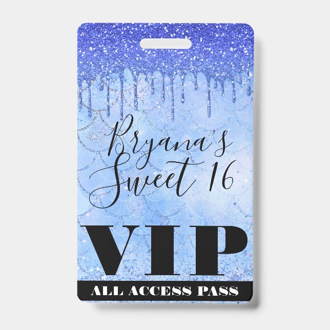 Icy Blue Glitzer Tropfen Mermaid Sweet 16 VIP Pass Ausweis (Vorderseite)