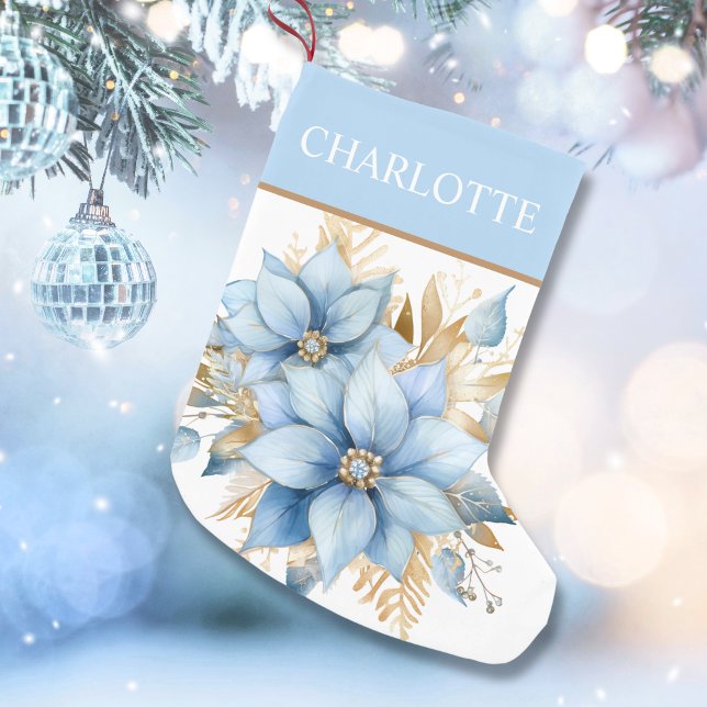 Icy Blue Gold Poinsettia Blume Weihnachten Kleiner Weihnachtsstrumpf (Icy Blue Gold Poinsettia Flower Christmas Small Christmas Stocking)