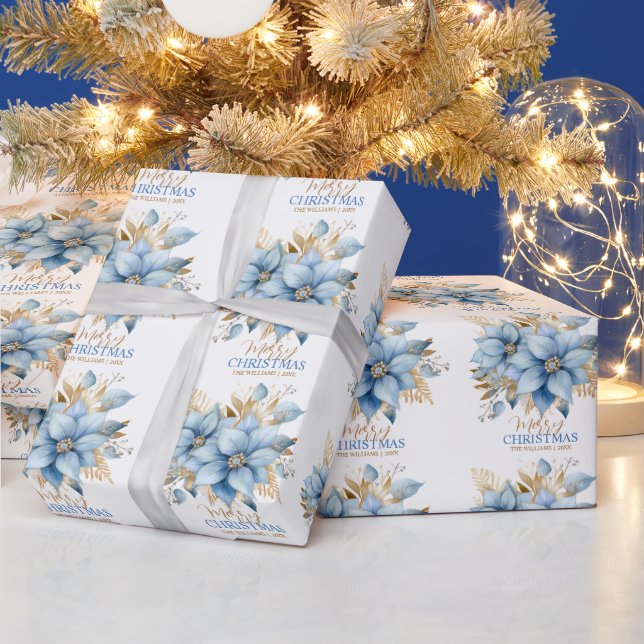 Icy Blue Gold Poinsettia Blume Weihnachten | NAME Geschenkpapier (Feiertage)