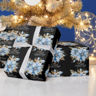 Icy Blue Gold Poinsettia Blume Weihnachten   NAME Geschenkpapier