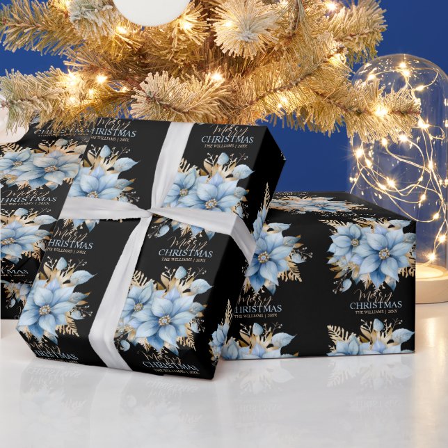 Icy Blue Gold Poinsettia Blume Weihnachten | NAME Geschenkpapier (Feiertage)
