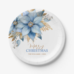 Icy Blue Gold Poinsettia Blume Weihnachten Pappteller