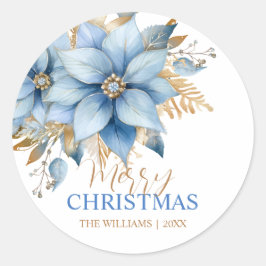 Icy Blue Gold Poinsettia Blume Weihnachten Runder Aufkleber