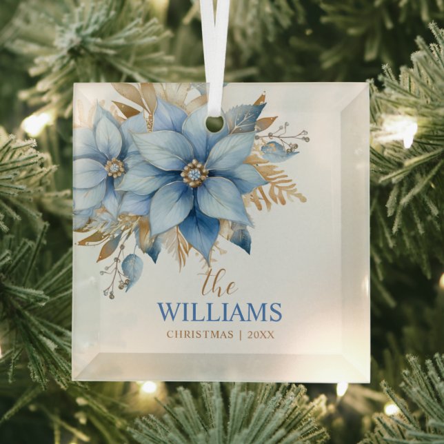 Icy Blue Gold Poinsettia Blume Weihnachtsbaum Ornament Aus Glas (Insitu)