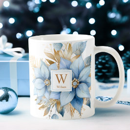 Icy Blue Gold Poinsettia WeihnachtsMONOGRAM Kaffeetasse