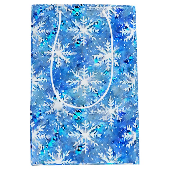 Icy Blue & Turquoise Winter Snowflake Mittlere Geschenktüte (Vorderseite)