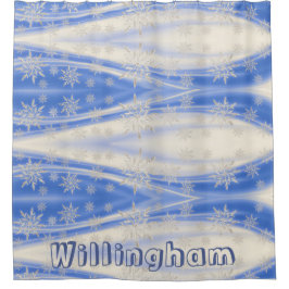 Icy Blue White Snowflake Winterfamilie Name Duschvorhang