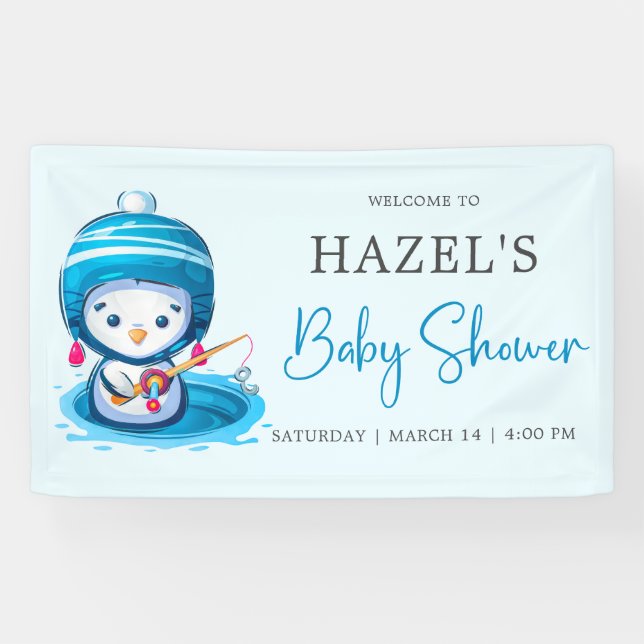 Icy Blue Winter Pinguin Fishing Baby Dusche Banner (Horizontal)