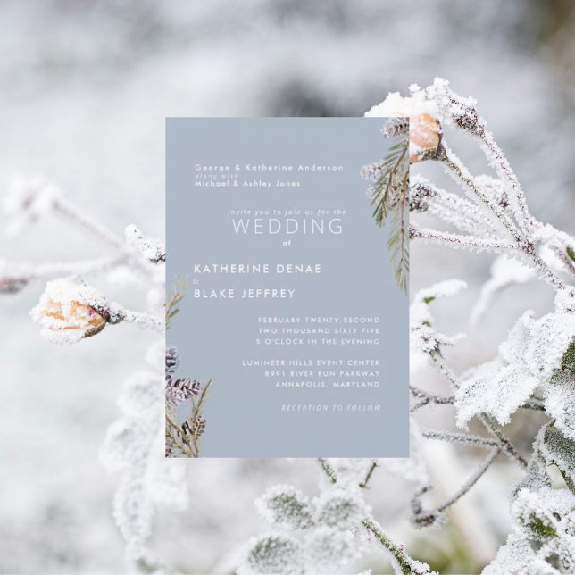 Icy Blue Winter Snowy Pine Cones Wedding Einladung (Von Creator hochgeladen)