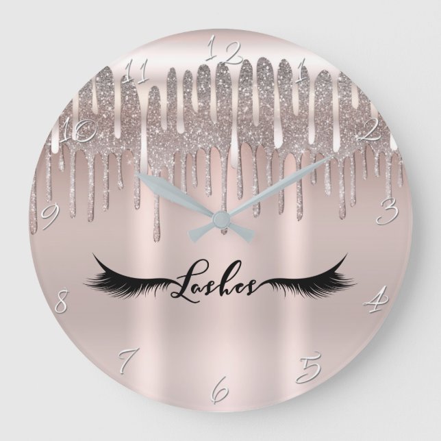 Icy Pink Rose Gold Diamond Glitzer Tropfen Lashes Große Wanduhr (Vorderseite)