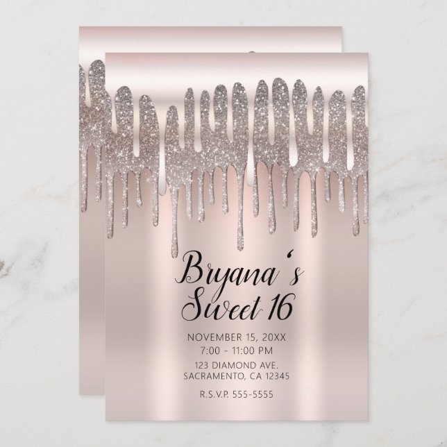 Icy Pink Rose Gold Diamond Glitzer Tropfen Sweet 1 Einladung (Vorne/Hinten)