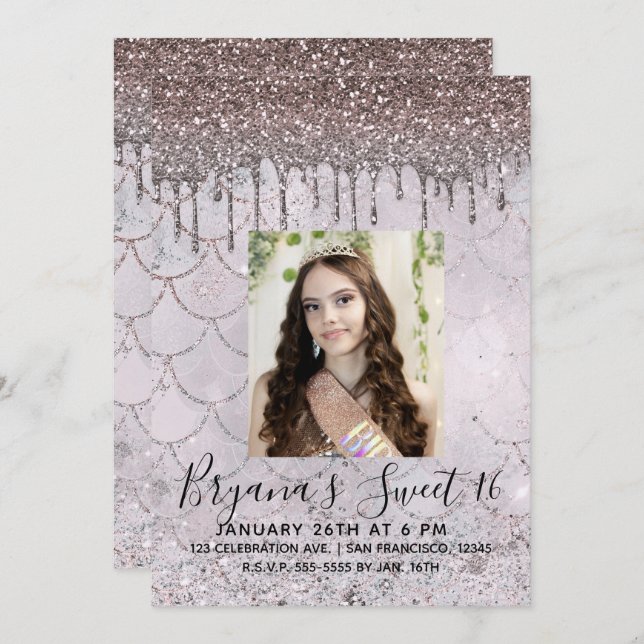 Icy Pink Rose Gold Glitzer Tropfen Sweet 16 Foto Einladung (Vorne/Hinten)