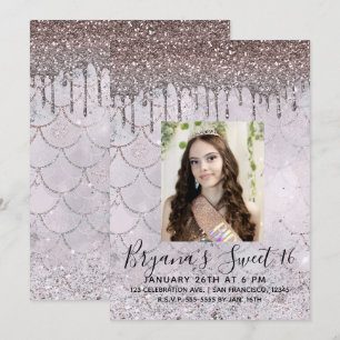 Icy Pink Rose Gold Glitzer Tropfen Sweet 16 Foto Einladung