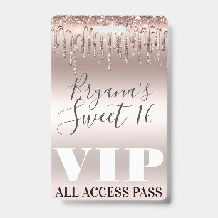Icy Pink Rose Gold Glitzer Tropfen Sweet 16 VIP Pa Ausweis