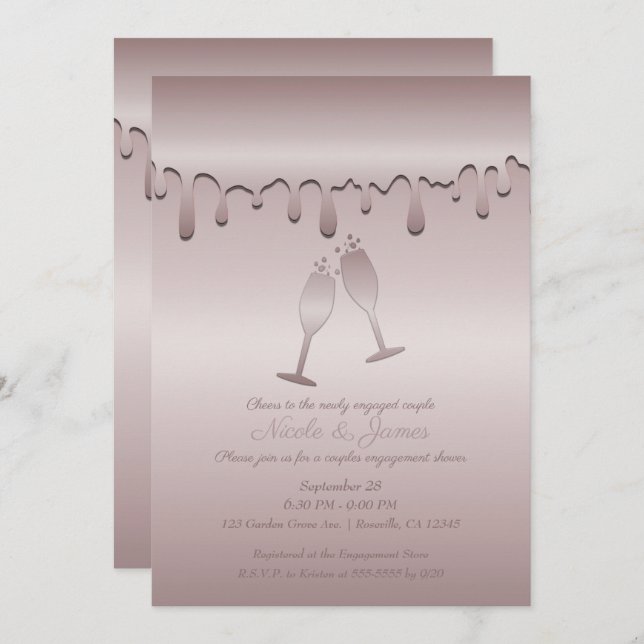 Icy Pink Rose Gold Toast Brillen Engagement Party Einladung (Vorne/Hinten)