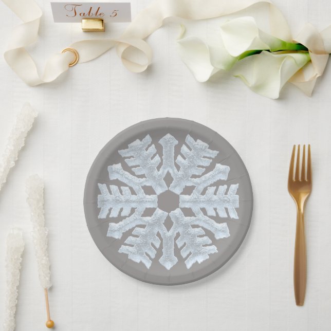 Icy White Frozen Snowflake Elegante Grau Weihnacht Pappteller (Hochzeit)