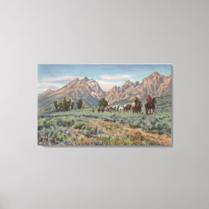 Idaho - Ansicht der Männer zu Pferd auf Teton Mts Leinwanddruck