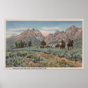 Idaho - Ansicht der Männer zu Pferd auf Teton Mts. Poster