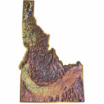 Idaho-Karten-Magnet herausgeschnitten Fotoskulptur Magnet<br><div class="desc">Dieser Magnet,  geformt wie der Staat von Idaho,  zeigt eine Entlastungskarte des Staat an,  der durch eine Goldeffektgrenze umgeben wird. Idahoan Dekor für Ihren Kühlschrank. 
Karte abgeleitet von den Bildern bei nationalatlas.gov.</div>