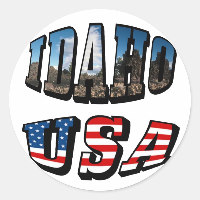 Idaho Picture Staat and Flag USA Text Runder Aufkleber (Vorderseite)