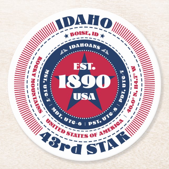 Idaho Red White Blue Typografie Runder Pappuntersetzer (Vorderseite)