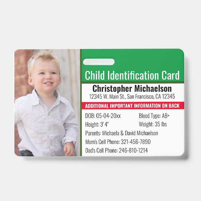 Identifikation des Fotos mit Kind-ID-Notfallallerg Ausweis (Vorderseite)