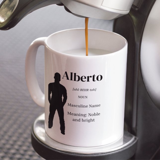 Identität Definiert Kaffeetasse (Coffee mug featuring strong masculine silhouette, bold serif name, and refined definition.)