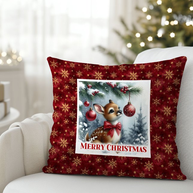 Idyllic baby deer winter snowy forest Christmas  Kissen (Idyllic baby deer winter snowy forest Christmas pillow)