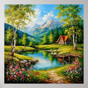 Idyllische Hütte an einem Bach in einem lebendigen Poster